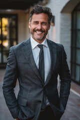 Fototapeta premium A man in a dark suit and white shirt smiles while standing outside a building