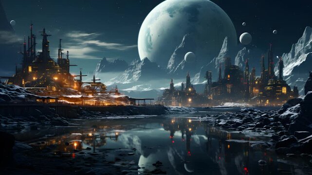 A futuristic city on a distant planet, with towering skyscrapers and a massive moon in the sky.