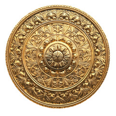 Fototapeta premium A beautifully crafted gold medallion featuring intricate floral patterns, concentric circles, and a golden finish, showcasing elegance and artistry