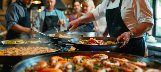 Middle Aged Friends Enjoy Cooking Class Learning to Make Traditional Spanish Paella with Chef's Guidance