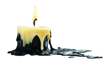 A melting candle with a yellow flame and dripping black wax, creating a striking contrast and a warm ambiance