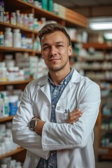 Fototapeta premium A pharmacist stands in front of shelves of medication in a pharmacy
