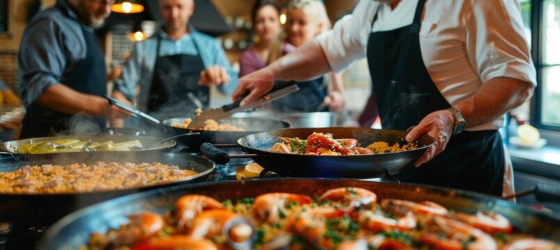 Middle Aged Friends Enjoy Cooking Class Learning to Make Traditional Spanish Paella with Chef's Guidance
