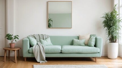 Fototapeta premium Soft Green Haven Sofa With Cushions, Throw, Blanket & Plants 