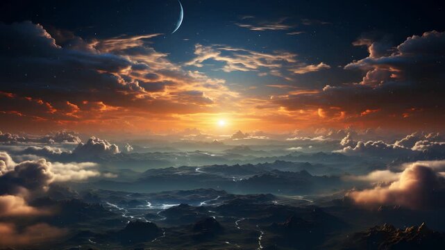 A stunning shot of a breathtaking sunset over a landscape of mountains and clouds. A sliver of the moon hangs in the sky, adding to the beauty of the scene.