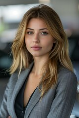 Obraz premium A blonde woman with long, wavy hair looks directly at the camera, wearing a grey blazer