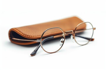 Round eyeglasses with a gold frame and clear lenses are resting on a brown leather case, on a white surface