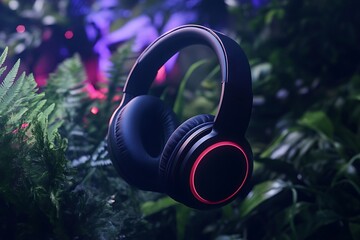 Naklejka premium Black wireless bluetooth headphones on neon light background. Music concept.