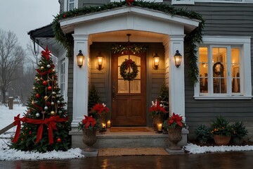 front door porch of village countryside house with decorated for Christmas winter holidays, Christmas and New year vacation concept