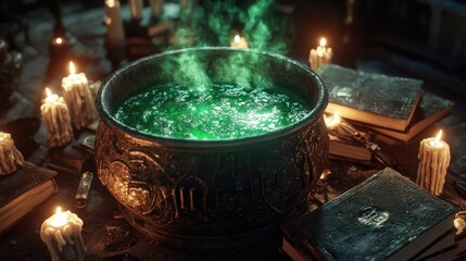 Mystical Cauldron of Enchantment: A steaming, emerald potion simmers within an ancient cauldron, surrounded by flickering candles and mystical tomes, creating an atmosphere of magic and mystery. 