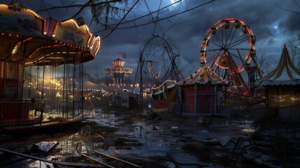 A deserted carnival at night with a carousel, ferris wheel and a spooky atmosphere.