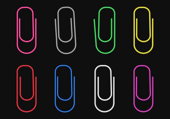 A set of paper clips isolated on black. Colorful 3d clips.