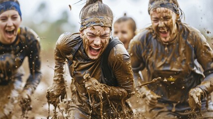 Group of Friends Enjoying a Mud Run, Covered in Mud and Tackling Obstacles Together