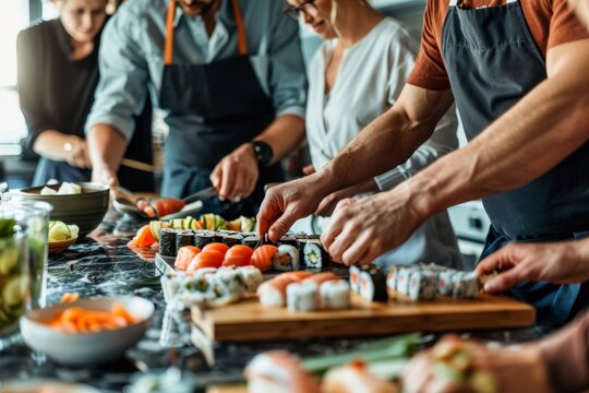 Middle-Aged Friends in Sushi Making Class, Slicing Fish and Rolling Beautiful Homemade Sushi Delight