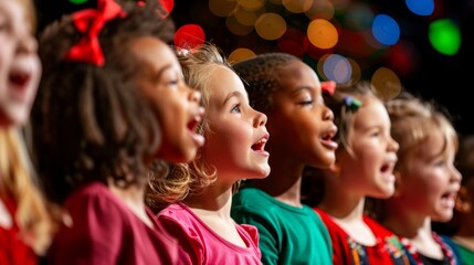Children Singing Christmas Carols at School Concert With Festive Decorations and Lights