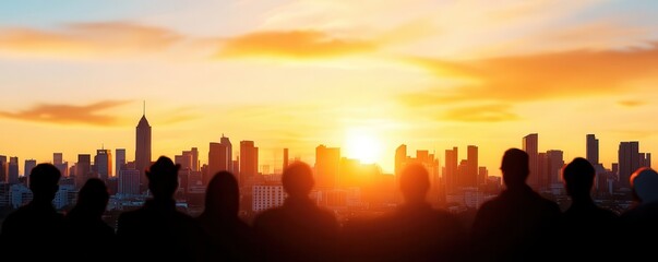 Silhouettes of people watching the sunrise over a city skyline.