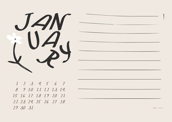 Monthly calendar in naive art. Calendar design for the month of January. Simple monthly cute calendar planner minimal style. I have all the other months in my portfolio. Empty space for notes.
