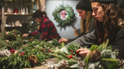 Festive Holiday Wreath Making Workshop in a Cozy Decorated Room - Perfect for Seasonal Craft Inspiration