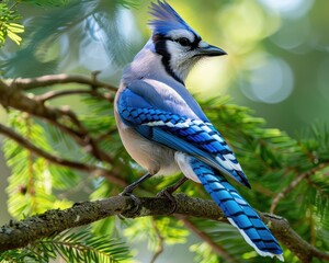 Blue jay perched on tree branch vibrant feathers striking