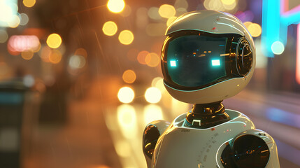 In the futuristic cityscape at night, a hightech humanoid robot radiates with neon lights, capturing a cyberpunk essence that symbolizes technological progress and innovation