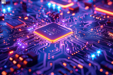 Vibrant circuit board design, intricate blue and purple patterns, glowing microchips, top view, showcasing cuttingedge technology, digital tone, Complementary Color Scheme