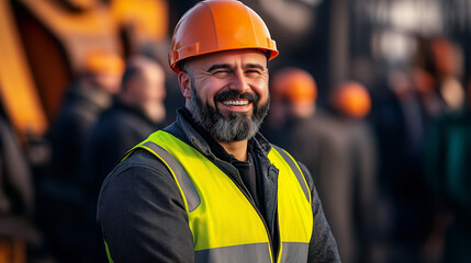 Fototapeta premium Portrait of a Smiling Middle-Aged Worker in Hard Hat and Reflective Vest Standing at a Steel Mill with a Blurred Crowd of Workers in the Background, High-Contrast Color Grading Highlighting Facial Tex