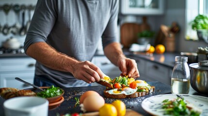 Man Cooking Protein-Packed Breakfast of Eggs and Avocado Toast in Modern Kitchen