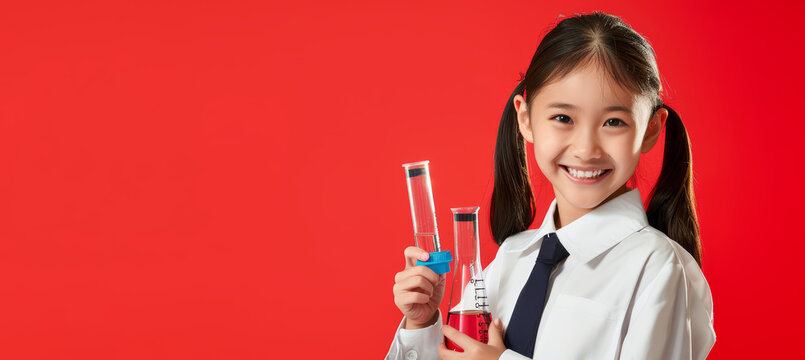 Happy Schoolgirl with Ponytail Holding Science Experiment Tools on Bright Red Background for Educational Themes