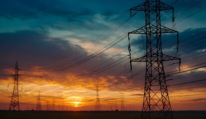transmission and distribution of electrical power system, utilization of electrical energy, electrical power lines at sunset, high voltage power lines, 132 KV transmission lines, electrical supply 