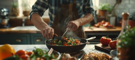 Obraz premium Healthy Meal Preparation: Man Cooking Grilled Chicken, Quinoa, and Vegetables in a Modern Kitchen