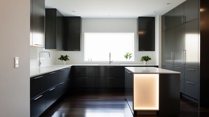 Modern Elegance Sleek Black Kitchen Design with Illuminated Island