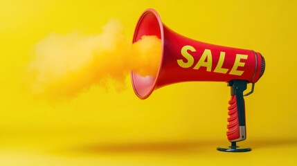 Red megaphone with a yellow 'SALE' sign and yellow smoke coming out on a yellow background.