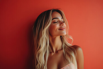 Naklejka premium A close up of a woman's face with her eyes closed and long blond hair