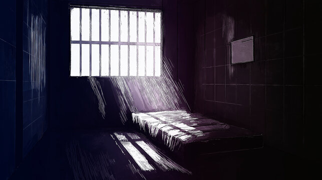 Sunlight streams into a dimly lit prison cell through window bars, casting shadows on the bed, embodying solitude and confinement