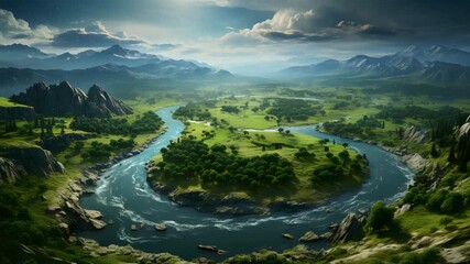 A beautiful aerial view of a river winding through a lush green valley surrounded by majestic mountains.