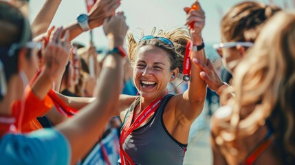 Marathon Runner Celebrating Finish with Friends and Family in Vibrant City