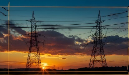 transmission and distribution of electrical power system, utilization of electrical energy, electrical power lines at sunset, high voltage power lines, 132 KV transmission lines, electrical supply 