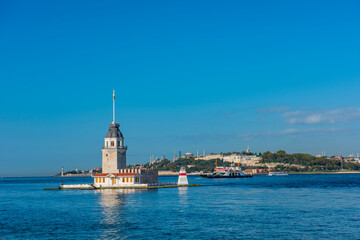 Maiden's Tower with beautiful sunrise sky in Istanbul, Turkey. (Turkish Name: KIZ KULESI). Colorful sunrise sky in Istanbul.