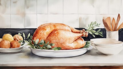 An elegant roasted turkey garnished with fresh herbs on a kitchen counter, surrounded by fruits and serving dishes.