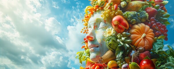 A colorful face emerges from an array of fruits and vegetables set against a bright blue sky