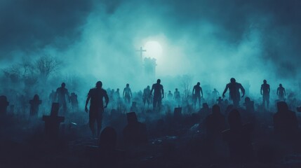 Night of the Undead March: A horde of silhouetted zombies advances through an eerie, fog-choked graveyard under a ghostly moon, capturing the chilling dread of a nightmare. 
