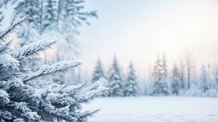 Fototapeta premium Subtle winter sunrise bathes frosty fir branches in gentle luminescence 