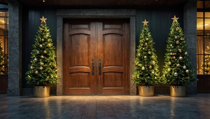 Fototapeta premium massive wooden door of the building and Christmas trees are deco