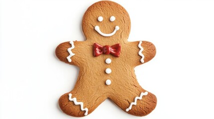 Delightful gingerbread man cookie decorated with icing and a red bow tie, perfect for holiday celebrations and festive baking.