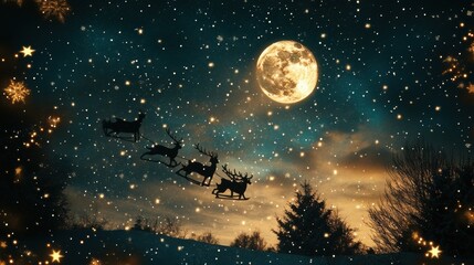 Fototapeta premium A magical Christmas night sky filled with sparkling stars and a full moon, with a silhouette of Santa’s sleigh and reindeer flying overhead.