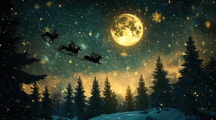 Naklejka premium A magical Christmas night sky filled with sparkling stars and a full moon, with a silhouette of Santa’s sleigh and reindeer flying overhead.