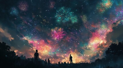 Obraz premium A midnight sky filled with colorful fireworks, with silhouettes of people watching from a distance.