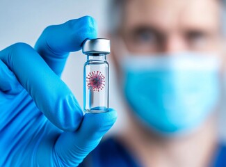 Close-up of Hand in Blue Gloves Holding Vial with Red Viruses