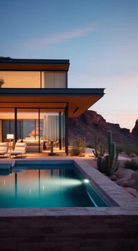 A large house with a pool and a desert in the background. The house is lit up at night, giving it a warm and inviting atmosphere