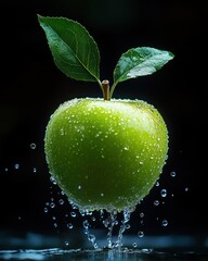 A green apple with water droplets falling into water, isolated on a black background.